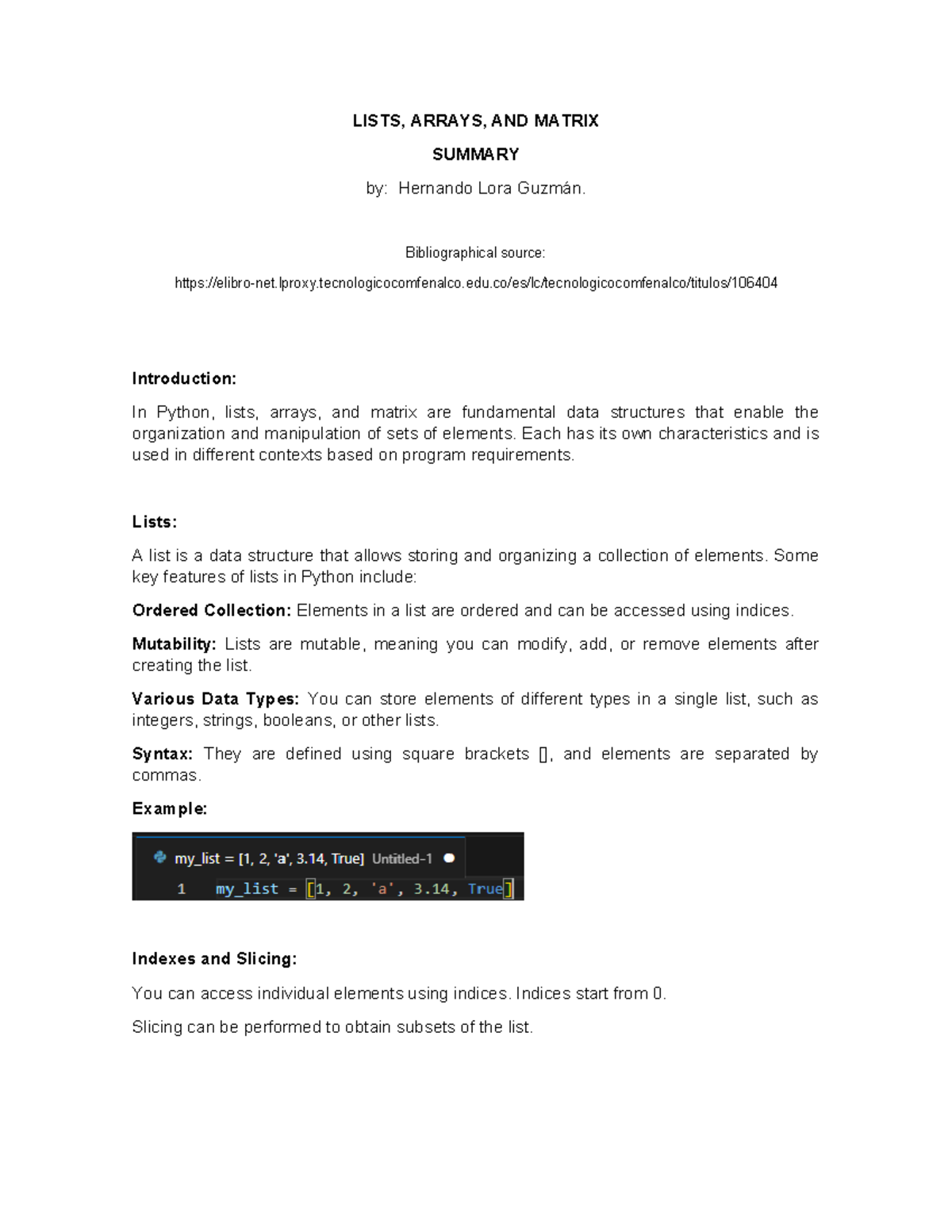 Introduction Python Lenguage - LISTS, ARRAYS, AND MATRIX SUMMARY by ...