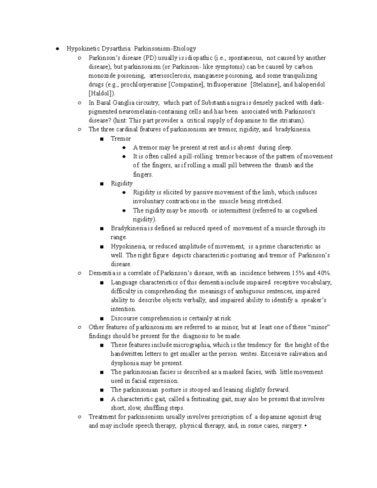 SLPA 453 Unit 2 Notes - Hypokinetic Dysarthria: Parkinsonism-Etiology ...