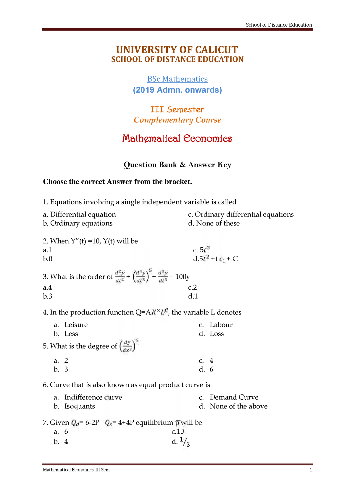 MCQ-III Sem B Sc Maths-Mathematical Economics - Bsc Maths - Studocu