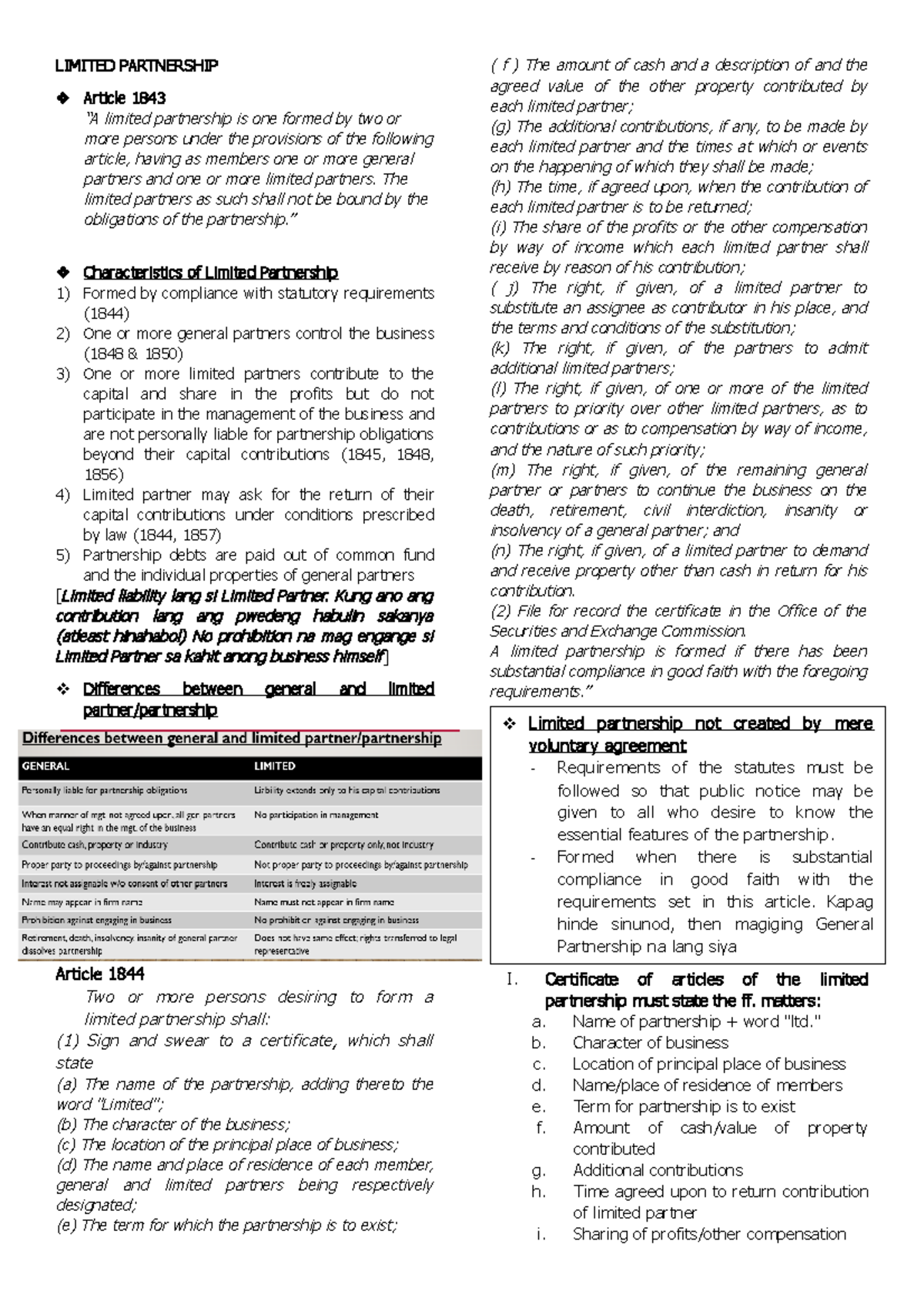Chapter 4 Reviewer - LIMITED PARTNERSHIP Article 1843 “A limited ...