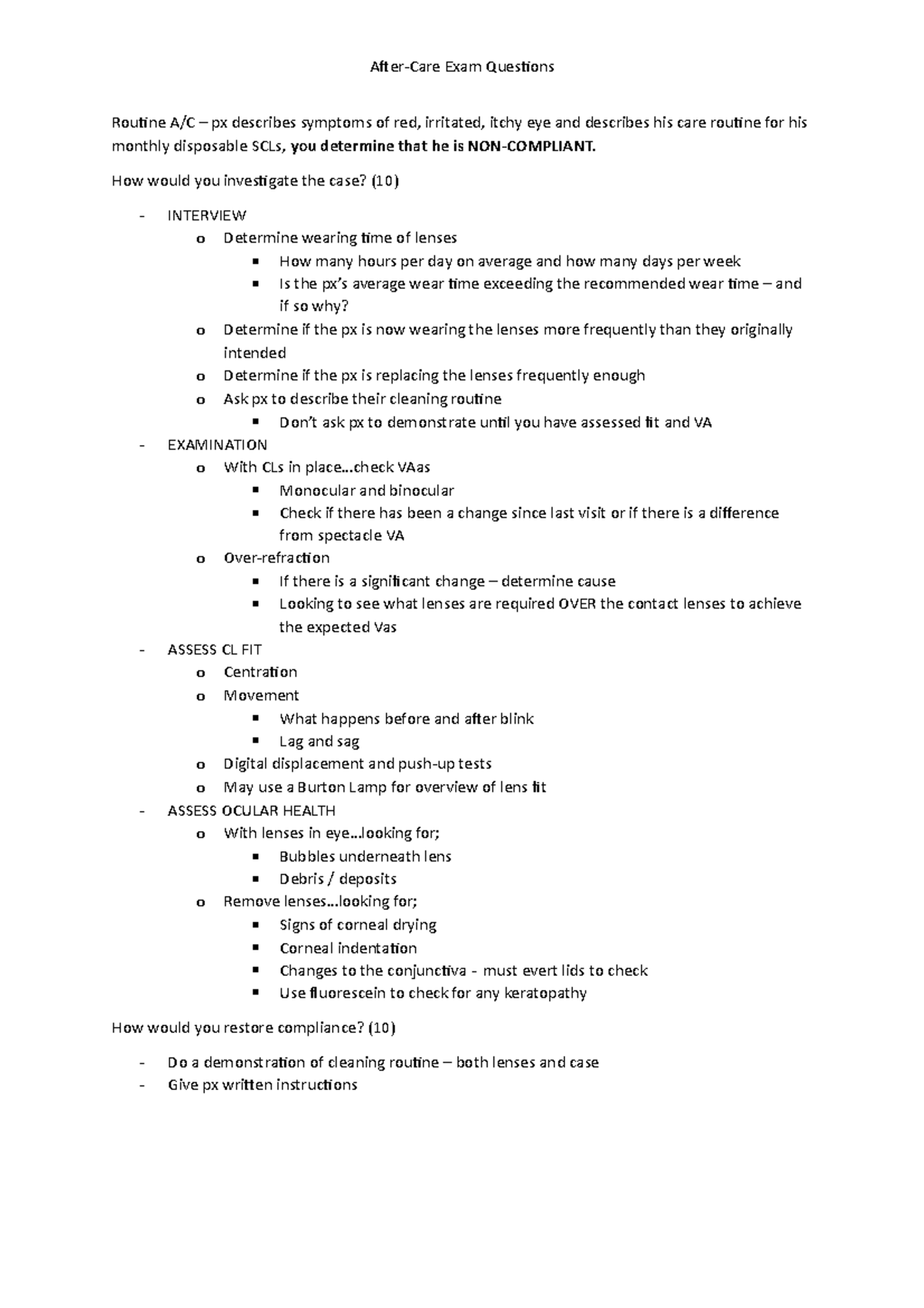 Aftercare n/a AfterCare Exam Questions Routine A/C px describes