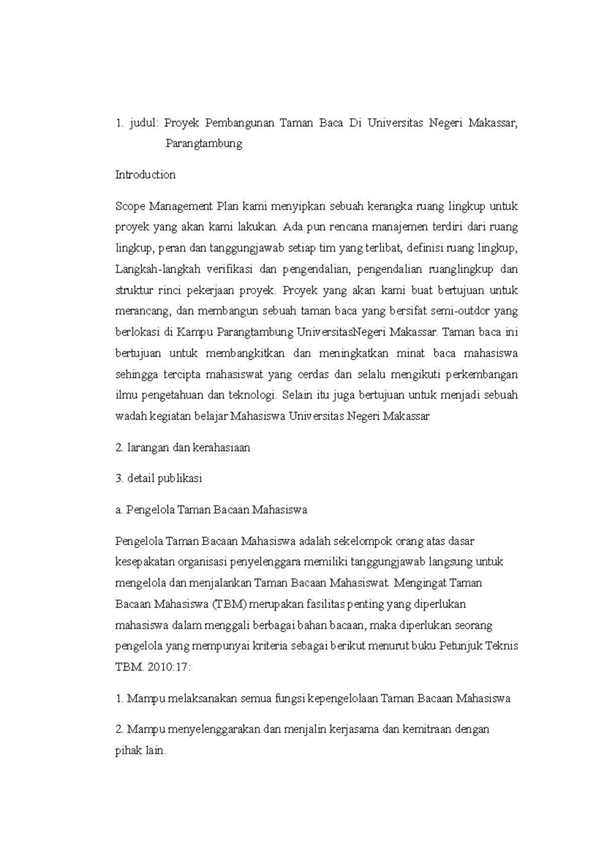 Proyek Pembangnan Taman Baca - Ada Pun Rencana Manajemen Terdiri Dari ...