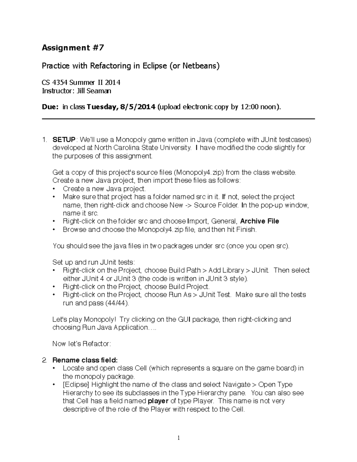 Assignment 7 Cs 4354 Assignment Practice With Refactoring In Eclipse Or Netbeans Cs Assignment 7 Cs 4354 Assignment Practice With Refactoring In Eclipse Or Netbeans Cs