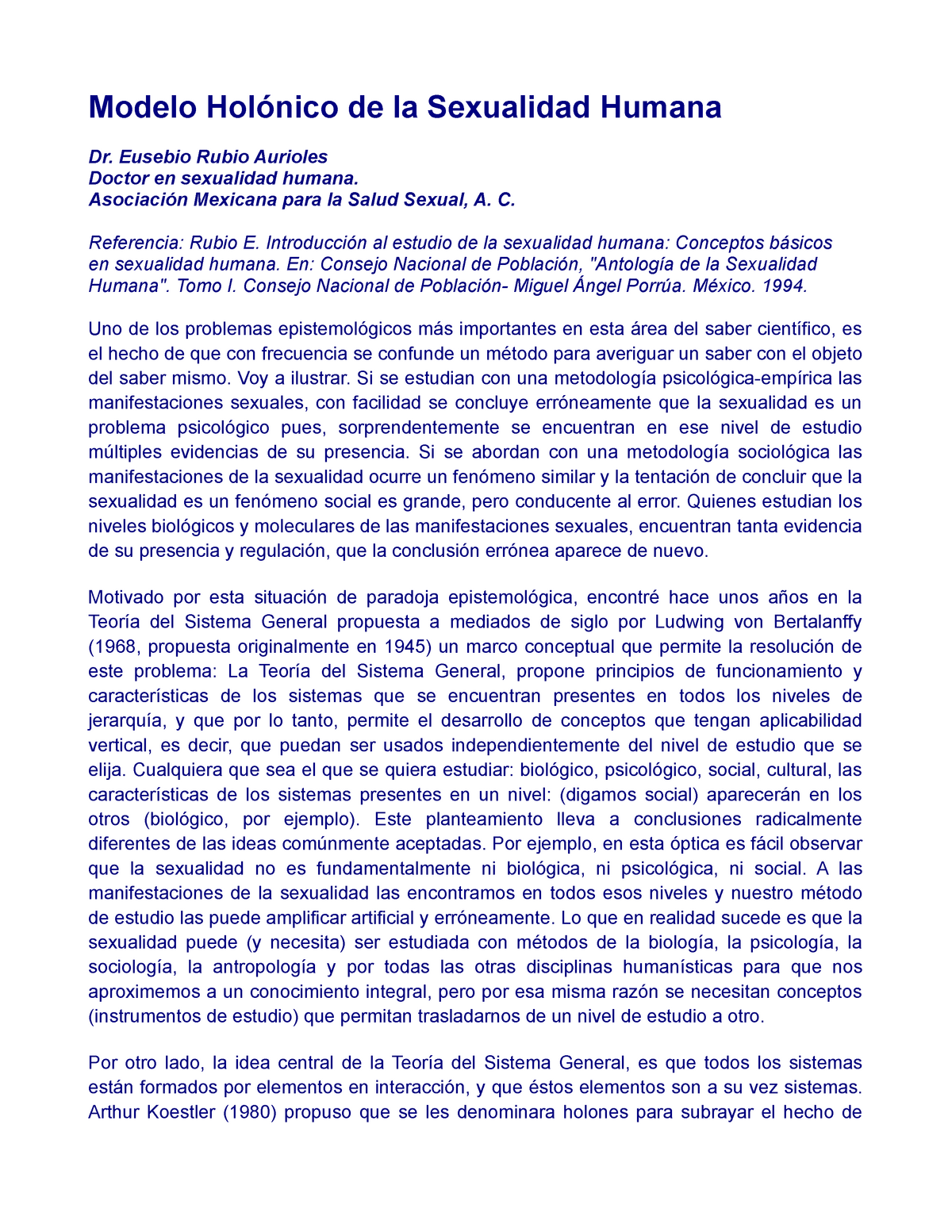 1c Modelo Holónico de la Sexualidad Humana - Eusebio Rubio Aurioles Doctor  en sexualidad humana. - Studocu