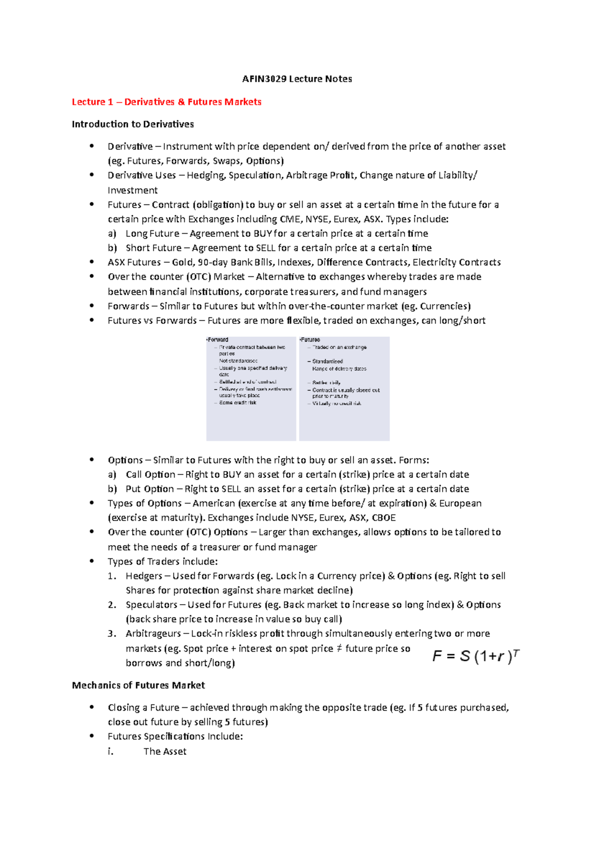 AFIN3029 Lecture Notes Futures, Forwards, Swaps, Options) Derivative