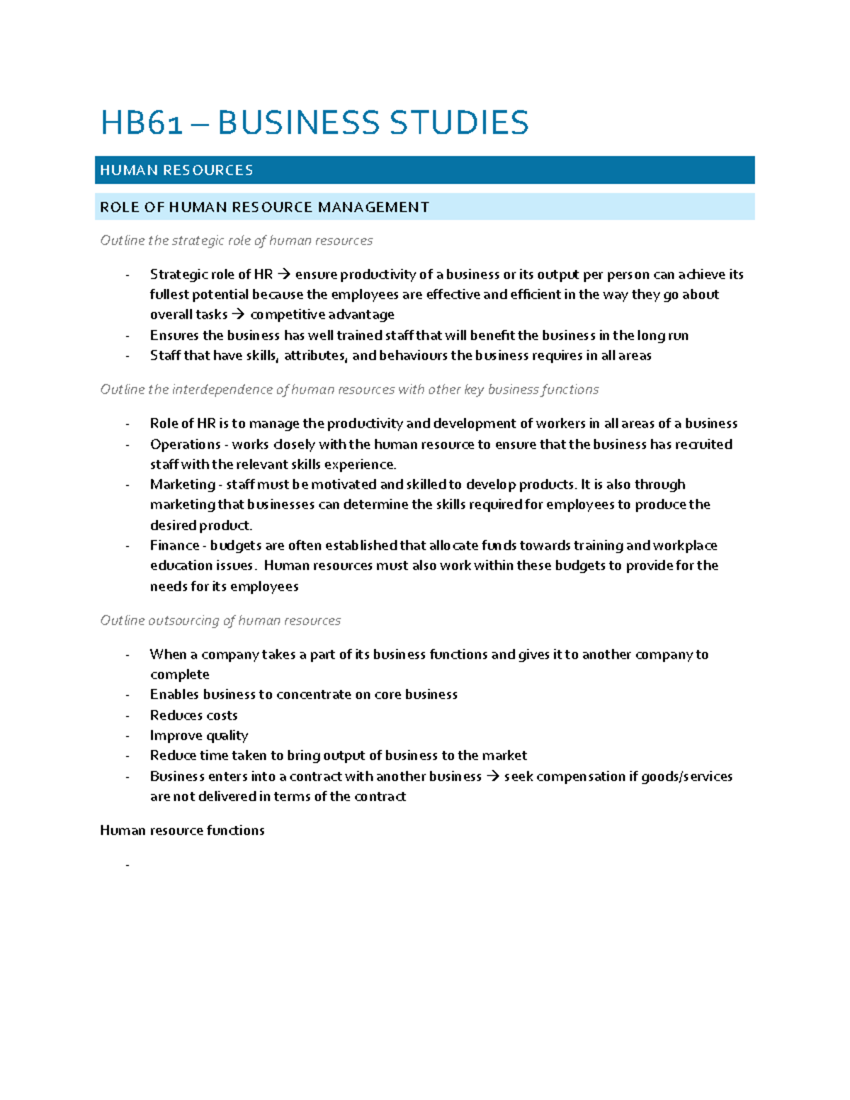 HSC Notes - aaaaaa - HB61 – BUSINESS STUDIES HUMAN RESOURCES ROLE OF ...