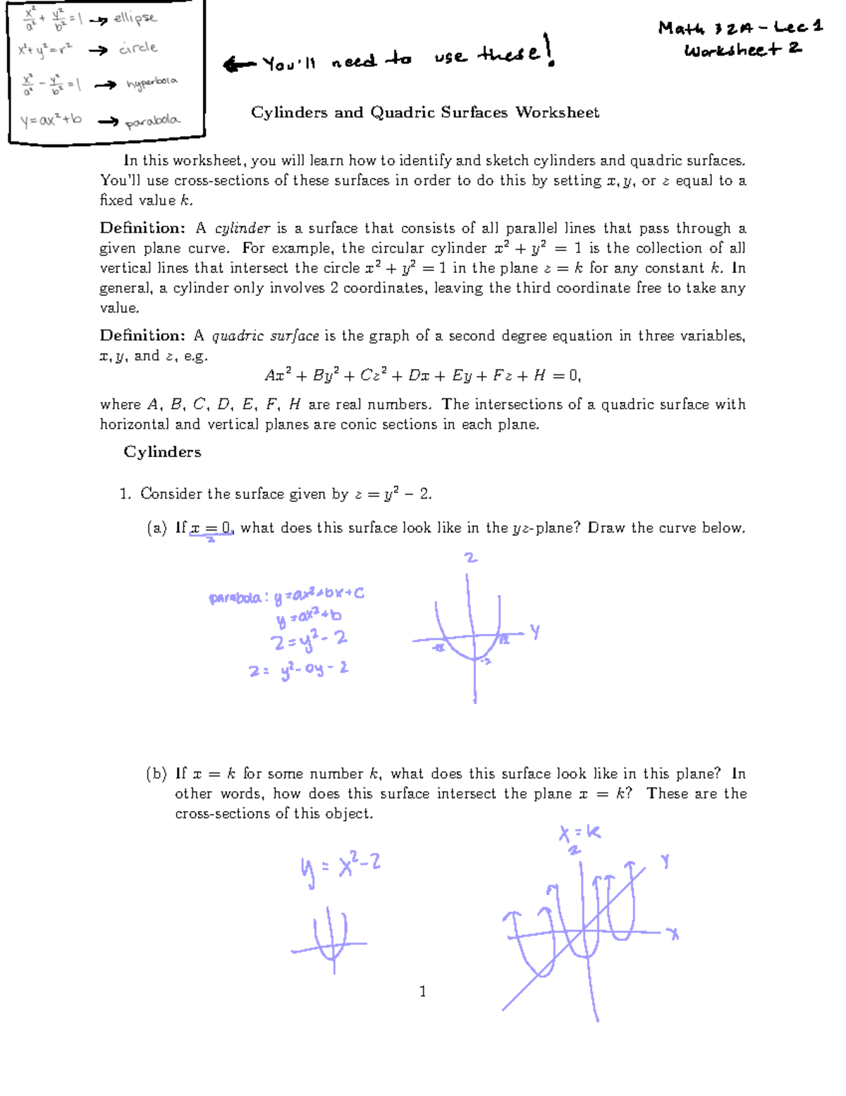 Math 32A worksheet 2 - ####### Cylinders and Quadric Surfaces Worksheet ...