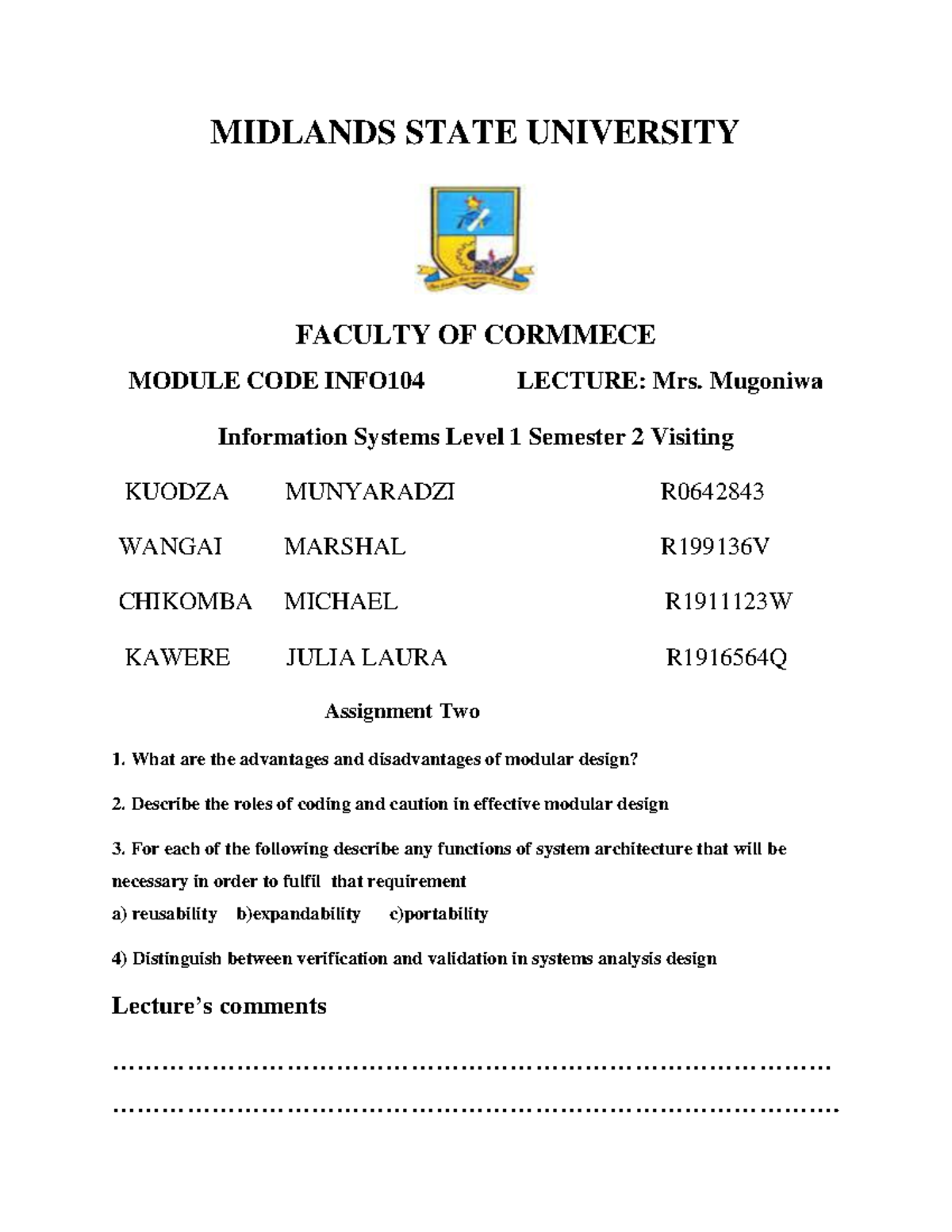 SAD assignment two - MIDLANDS STATE UNIVERSITY FACULTY OF CORMMECE ...