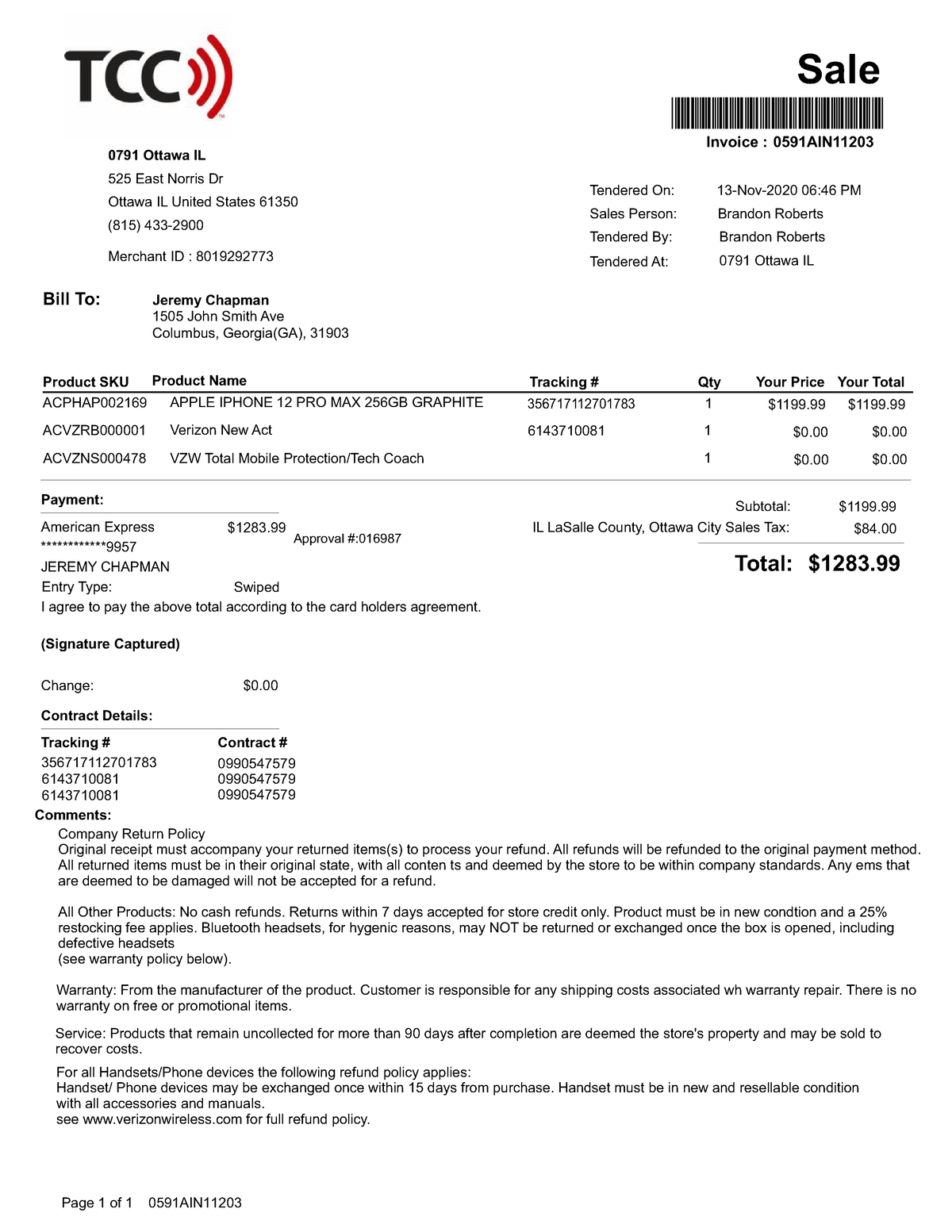 0591AIN11203 - Document Helpfull - Sale Tendered On: Sales Person: 0791 ...