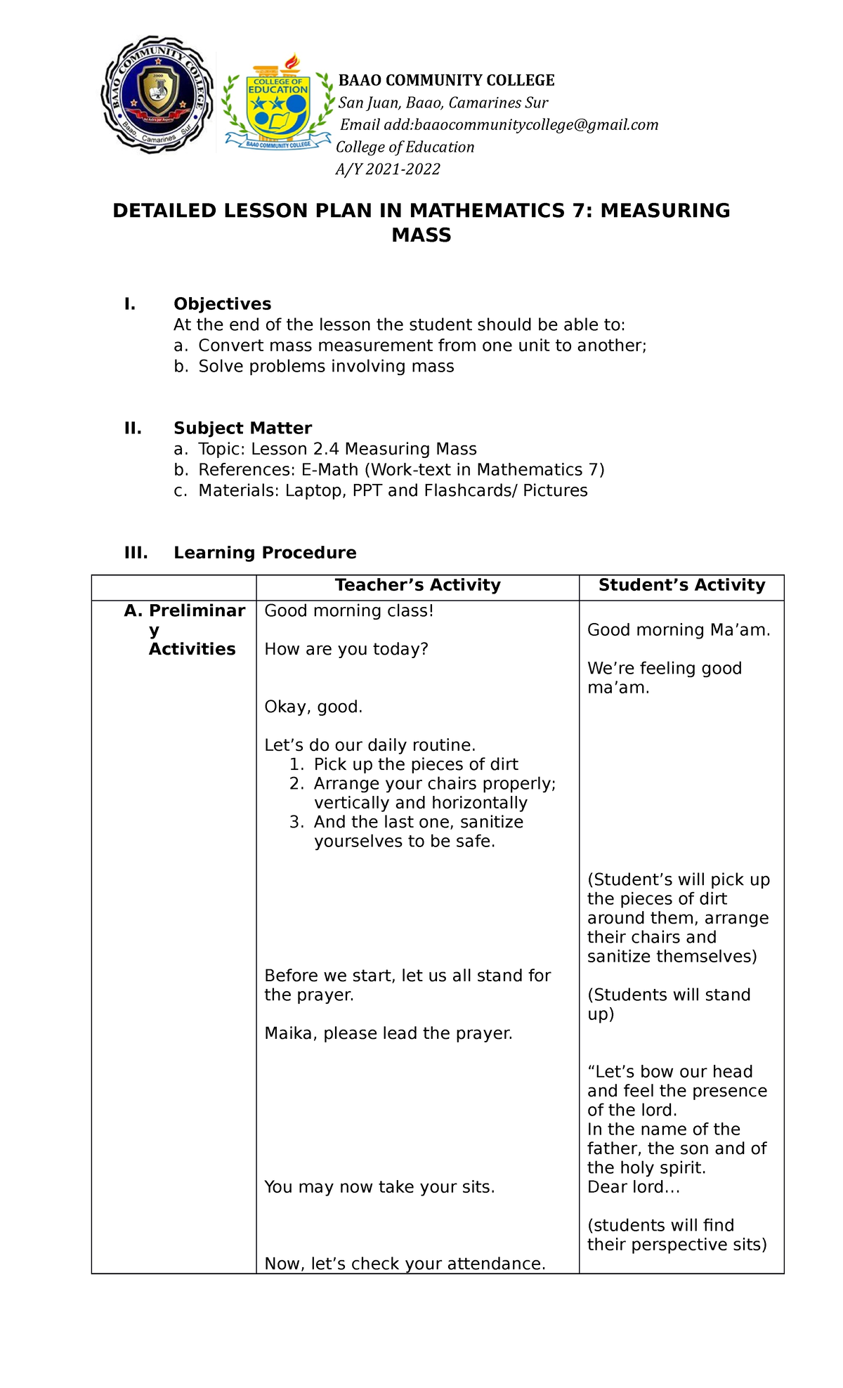 Detailed Lesson Plan In Mathematics 7 ( Jinky) - San Juan, Baao 