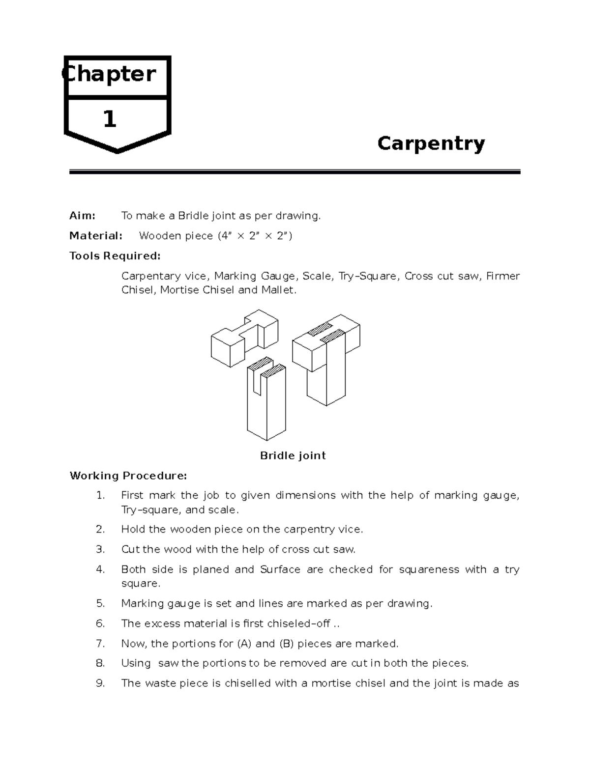 Vnd Chapter 1 Carpentry Aim To make a Bridle joint as per drawing