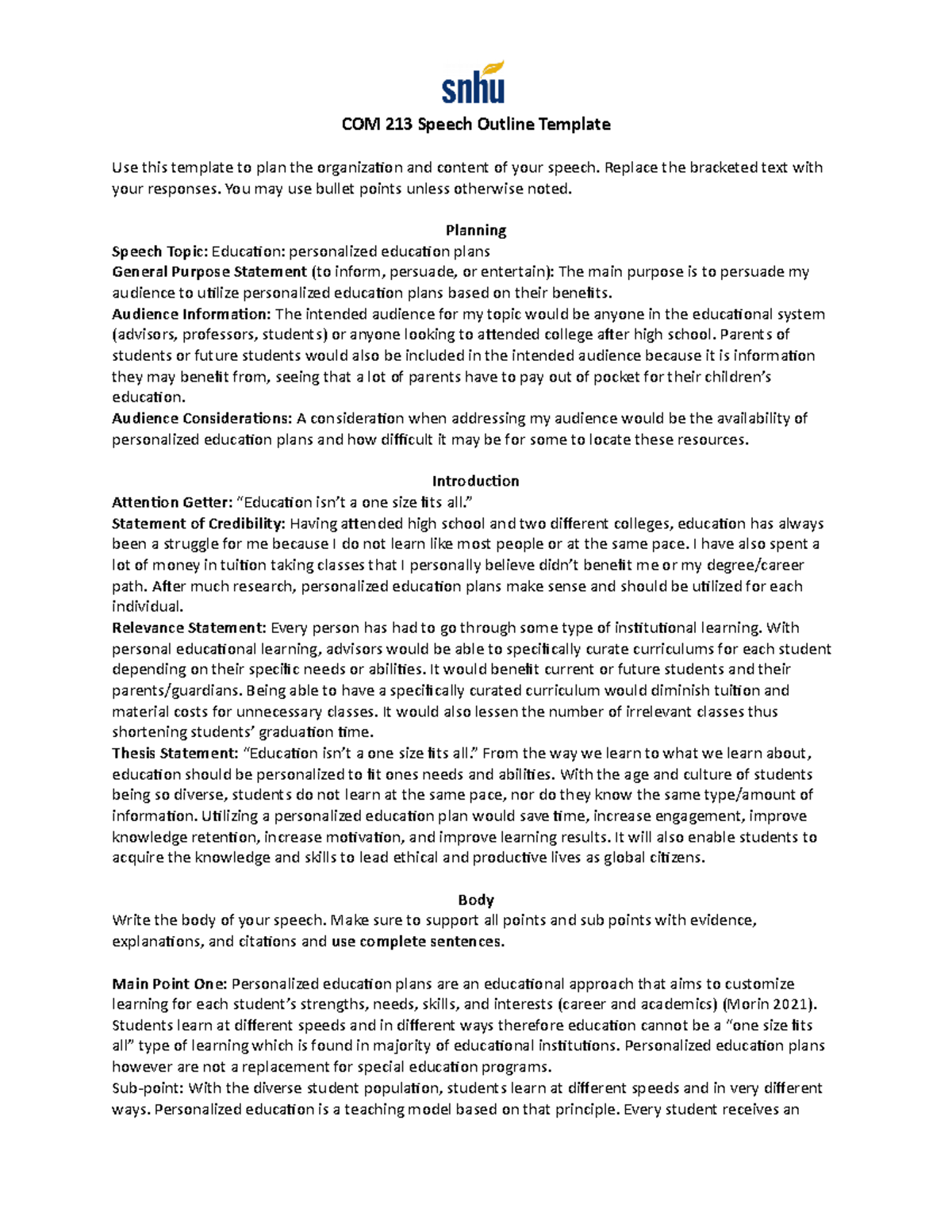 COM 213 Speech Outline Template - COM 213 Speech Outline Template Use ...