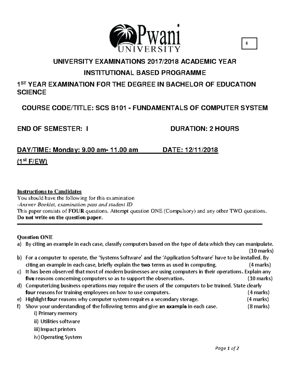 SCS B101 B - Page 1 Of 2 UNIVERSITY EXAMINATIONS 2017/2018 ACADEMIC ...