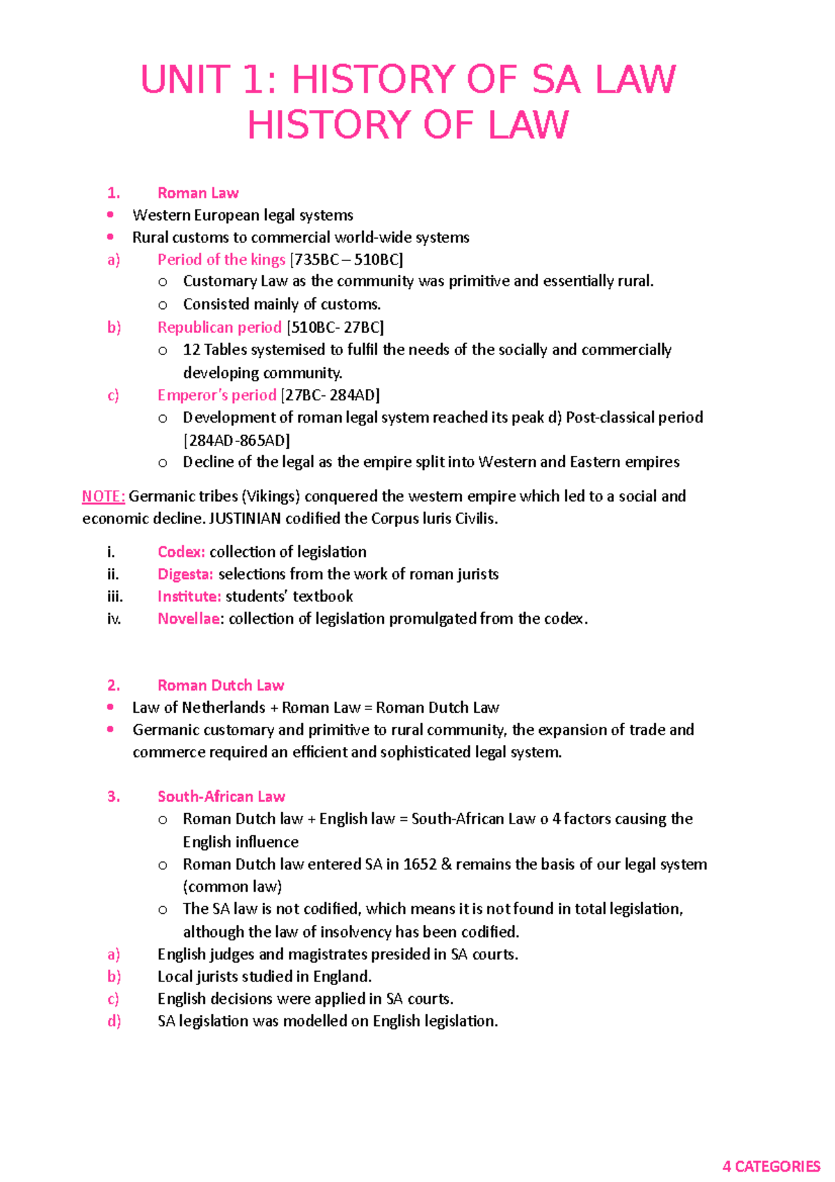 Berch 1 - Lecture notes 1 - UNIT 1: HISTORY OF SA LAW HISTORY OF LAW 1 ...