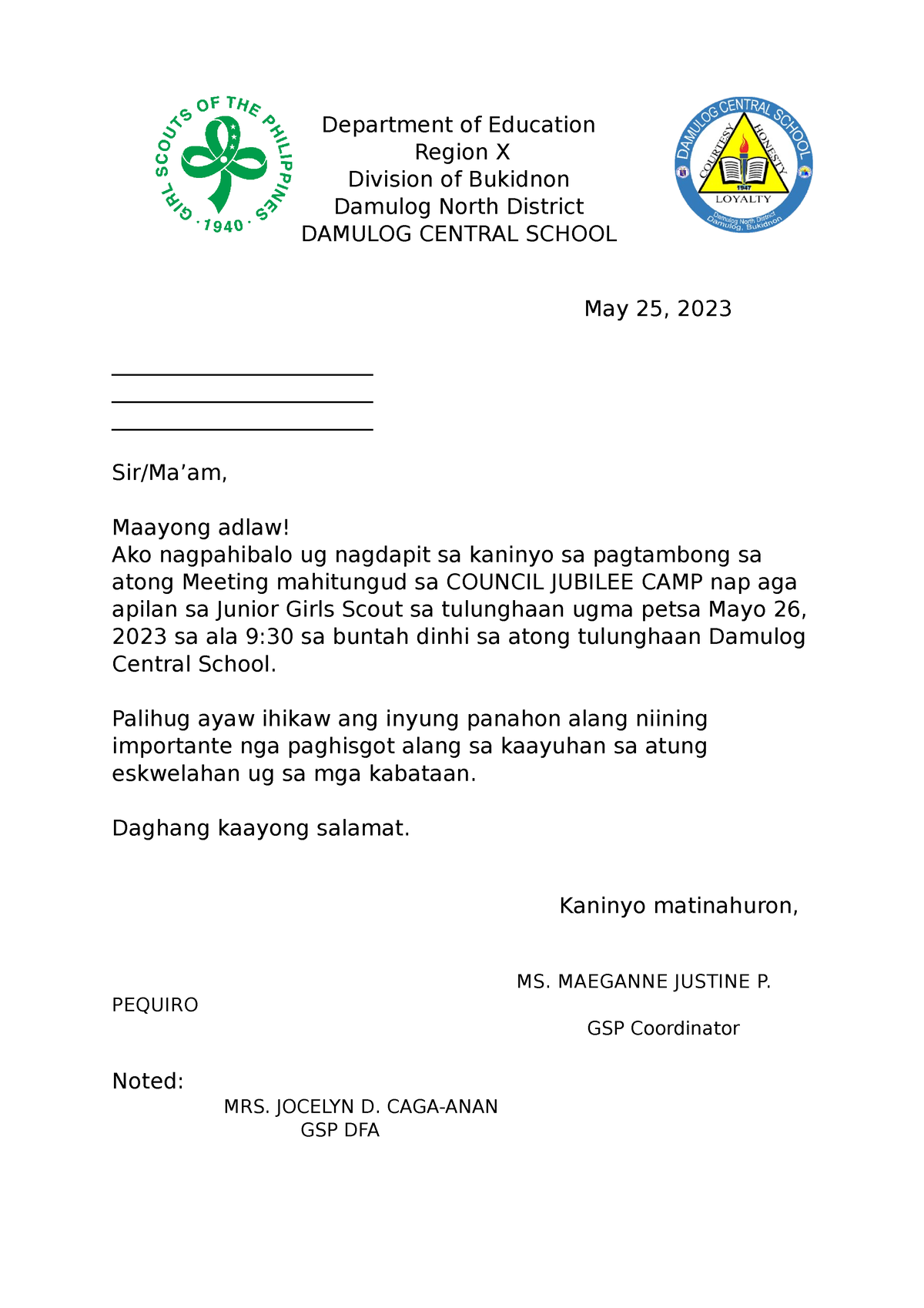 GSP Parents Letter for Meeting - Department of Education Region X ...