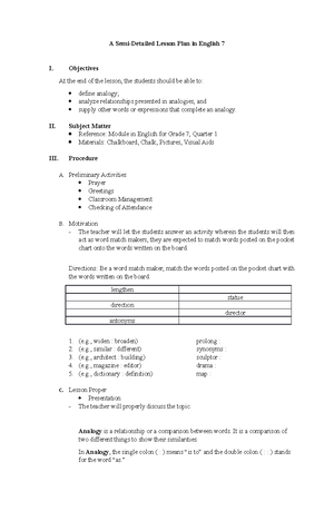 lesson plan about Antonyms and synonyms - A Semi Detailed Lesson