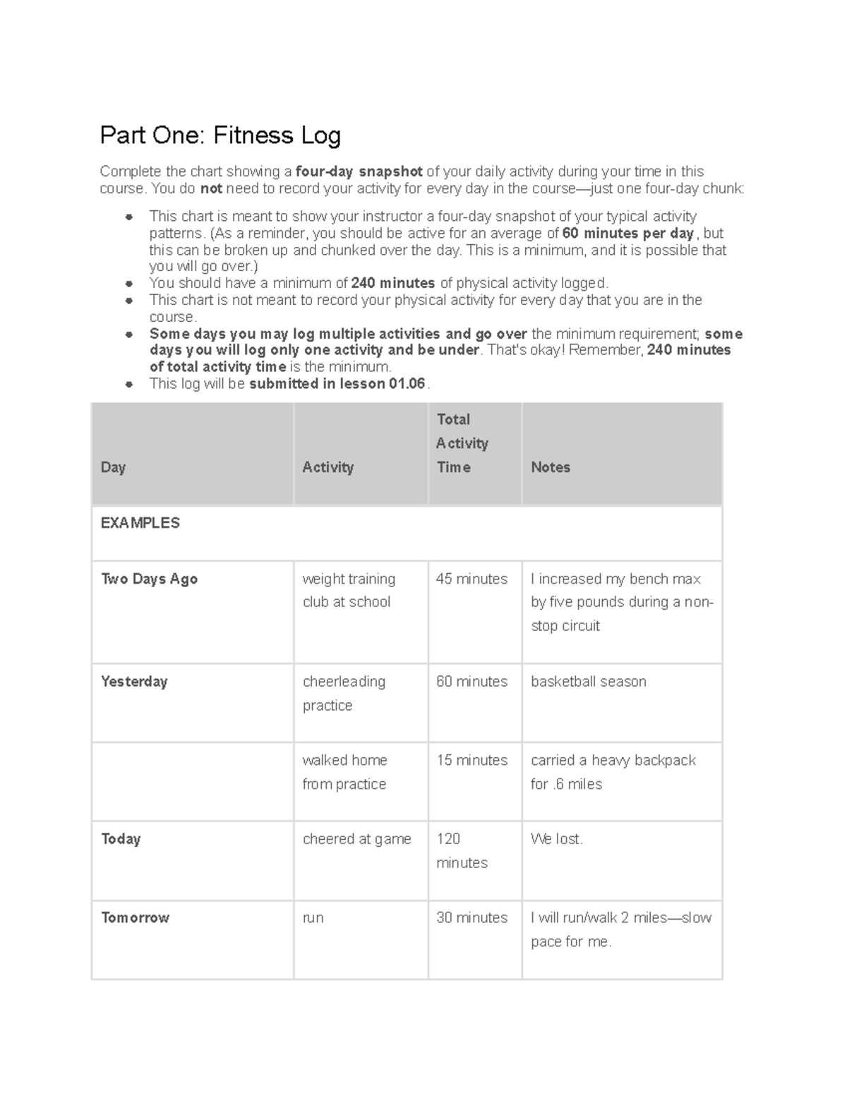 1.06 Part One Fitness Log - Part One: Fitness Log Complete the chart ...