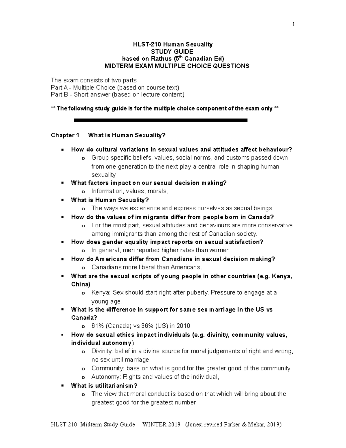 Study guide MT exam Winter 2019 - 1 Human Sexuality STUDY GUIDE based ...