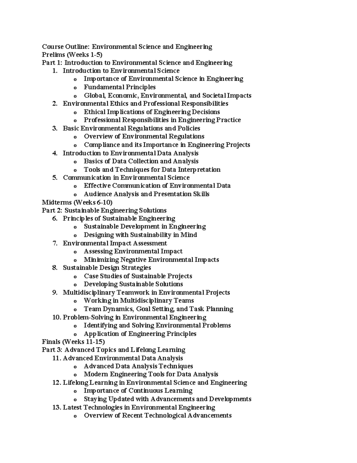Environmental Science and Engineering Table of Content - Course Outline ...