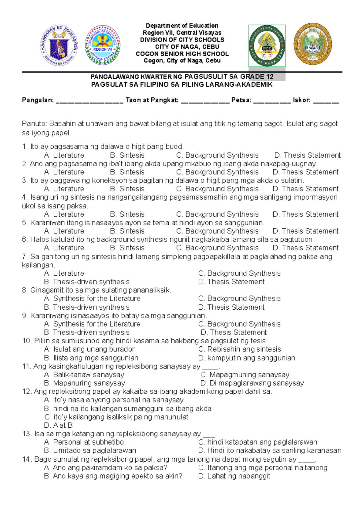 Filipino-12- Virginia - Department of Education Region VII, Central ...