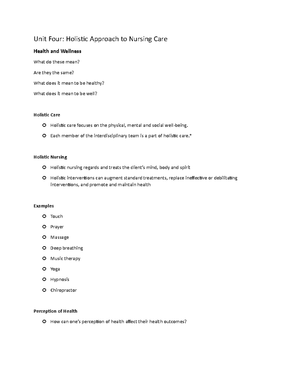 Nursing NFDN Notes - Unit Four: Holistic Approach to Nursing Care ...