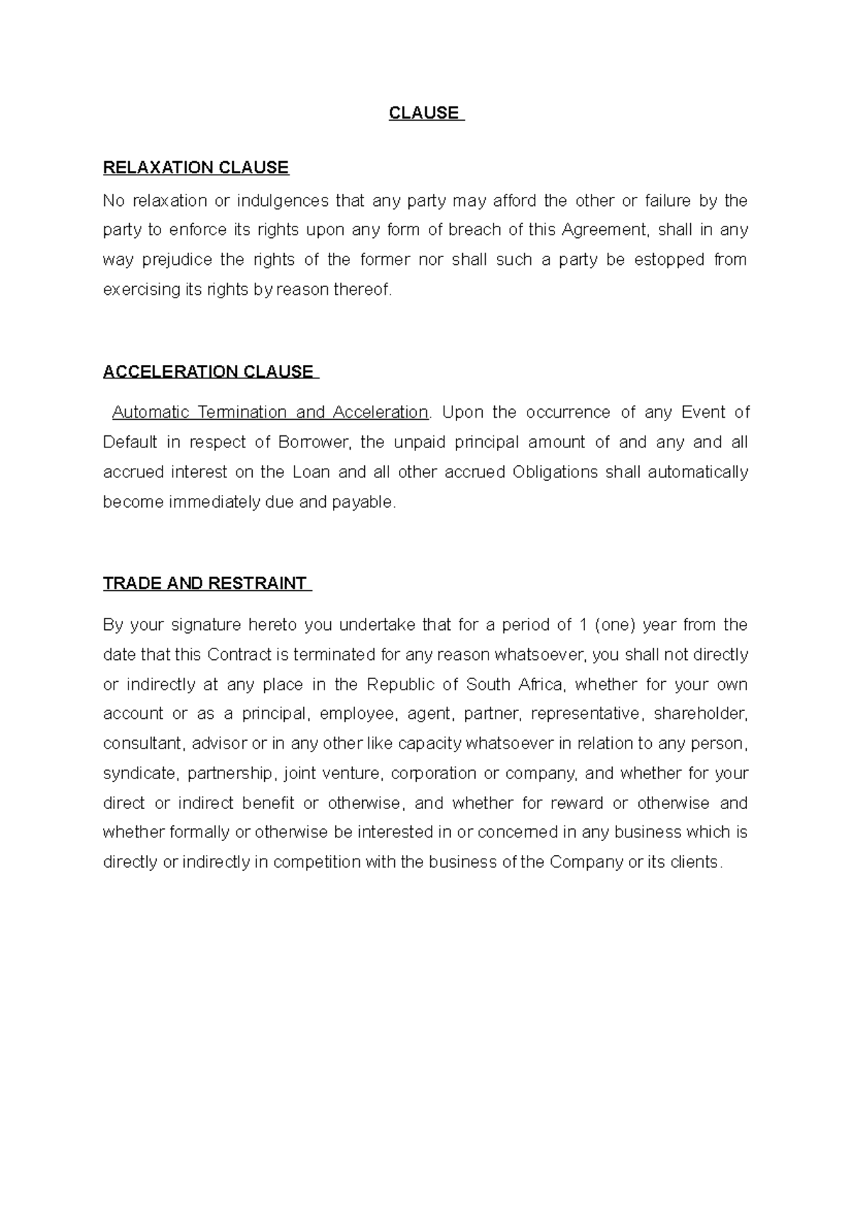Clauses - ÏGBwr - CLAUSE RELAXATION CLAUSE No relaxation or indulgences ...