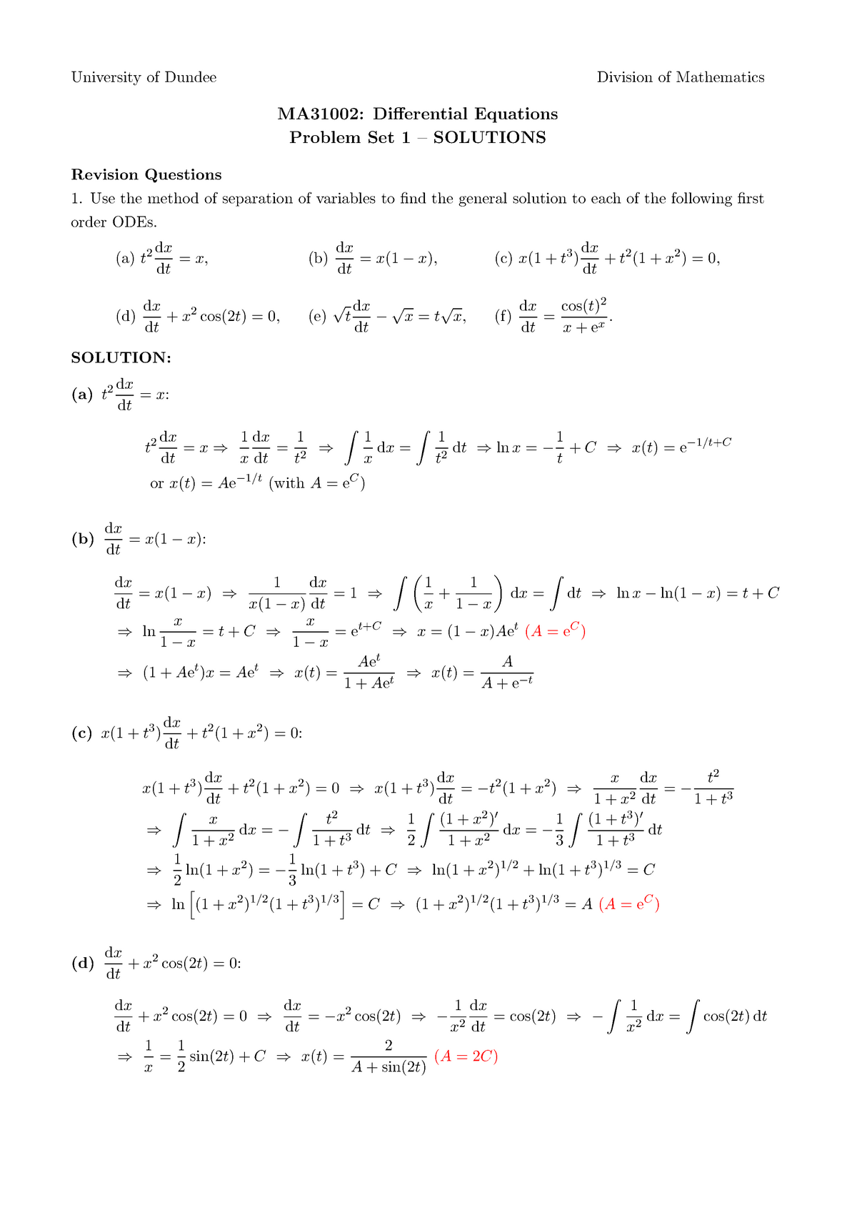 Problem Set 1 Solutions - University of Dundee Division of Mathematics ...