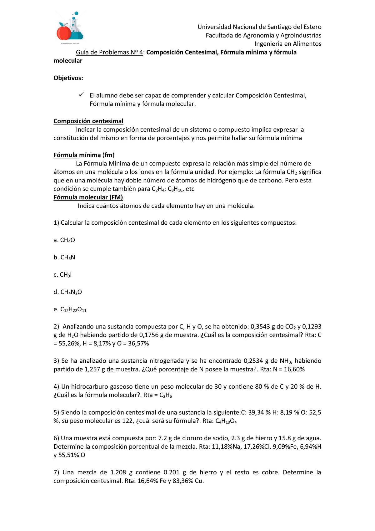 Guia De Ejercicios Composicion Centesimal Universidad Nacional De Santiago Del Estero 2147