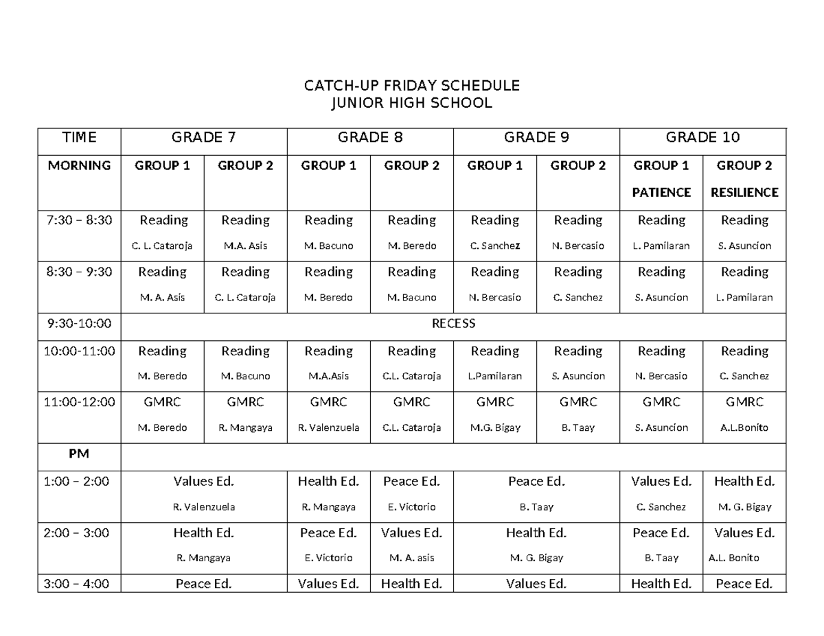 Catch up - special - CATCH-UP FRIDAY SCHEDULE JUNIOR HIGH SCHOOL TIME ...