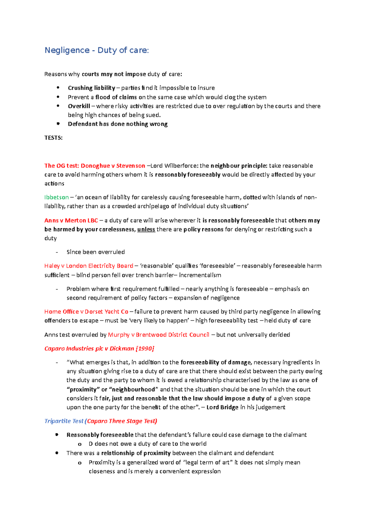 negligence duty of care notes