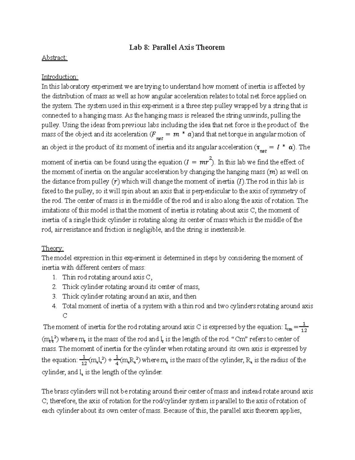 Physics Lab Parallel Axis Theorem - Lab 8: Parallel Axis Theorem ...