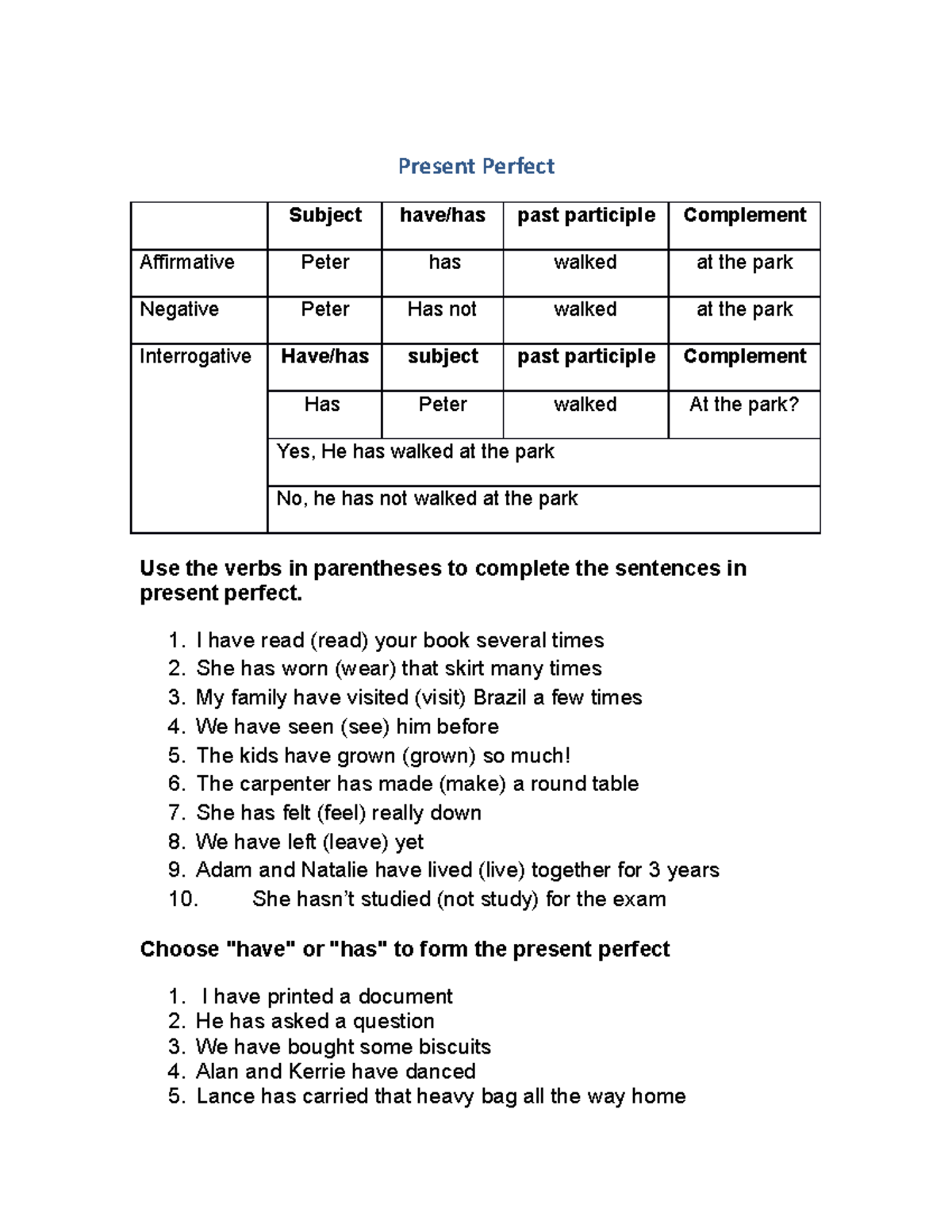 2 english-1 exam - Present Perfect Subject have/has past participle ...