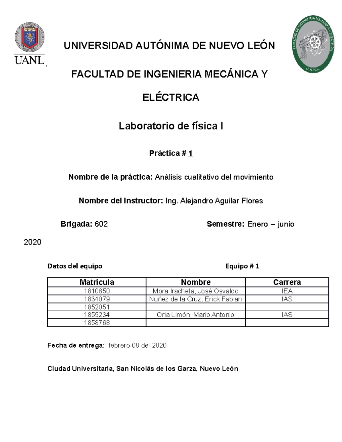 Practica 1 Fisica Laboratorio - UNIVERSIDAD AUTÓNIMA DE NUEVO LEÓN ...