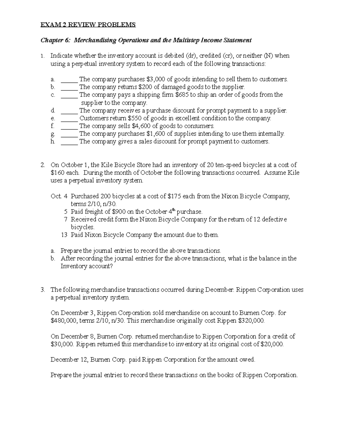 Review Problems Exam 2 Exam 2 Review Problems Chapter 6 Merchandising Operations And The Studocu