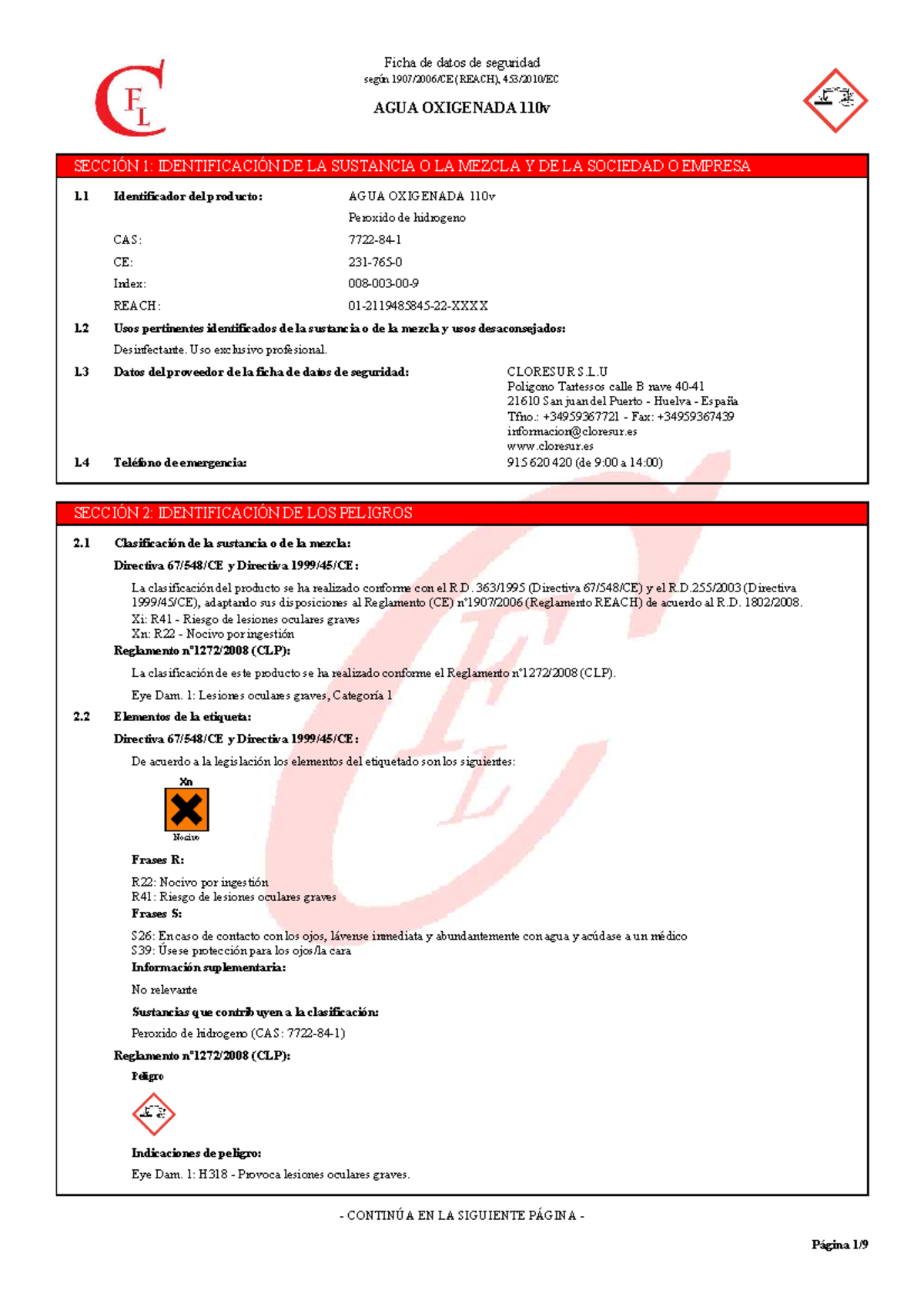 Aguaoxigenada hoja de seguridad de agua oxigenada Eye Dam. 1 H318