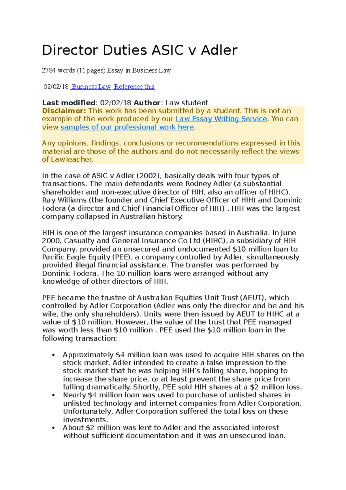 Director Duties ASIC v Adler - This is not an example of the work ...