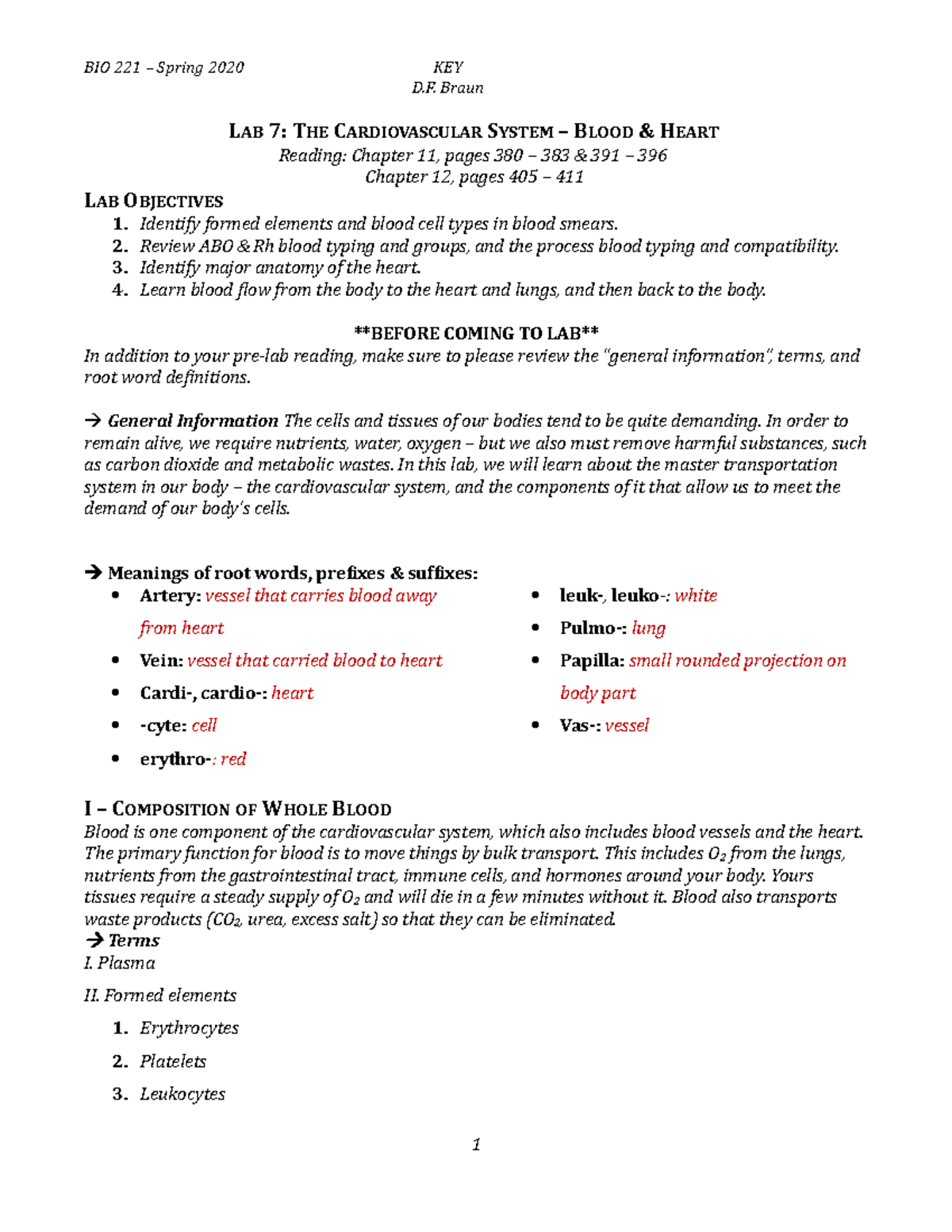 BIO 221 lab 7 - blood & heart (Spring 2020)(KEY) - D. Braun LAB 7: THE ...