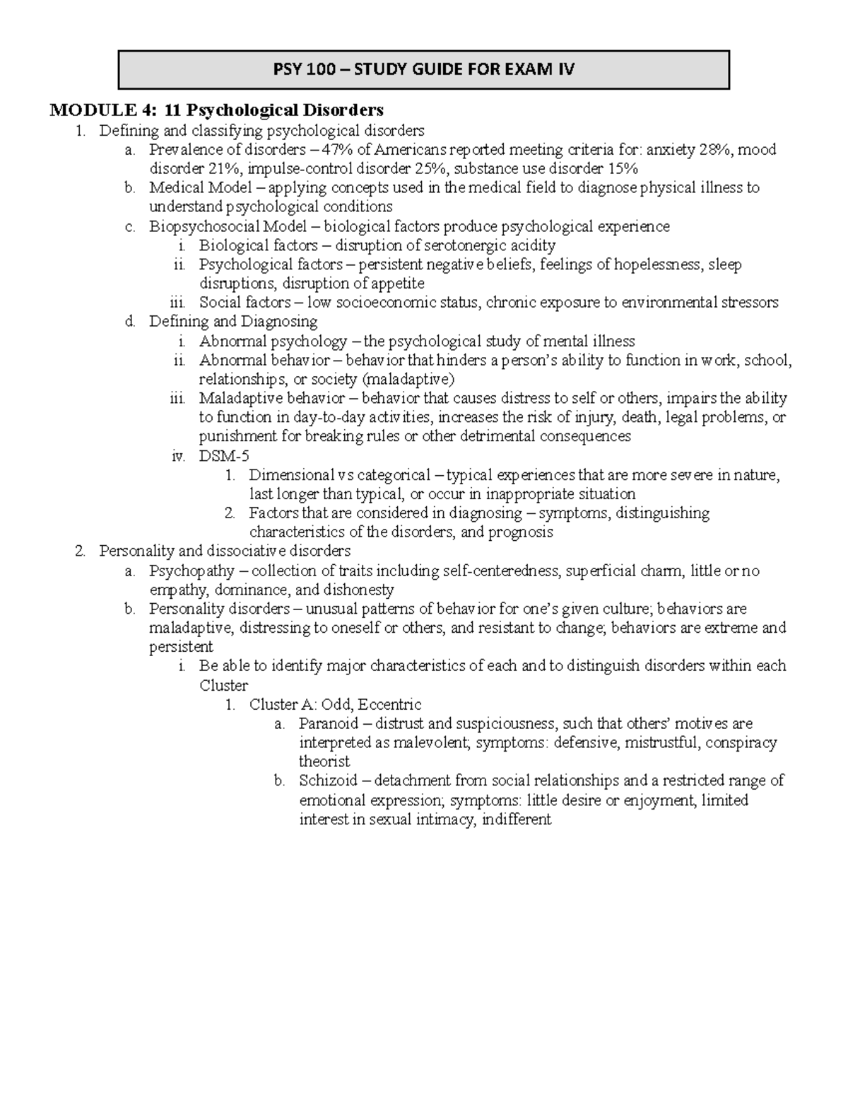 9 Study Guide Psychological Disorders - MODULE 4: 11 Psychological ...