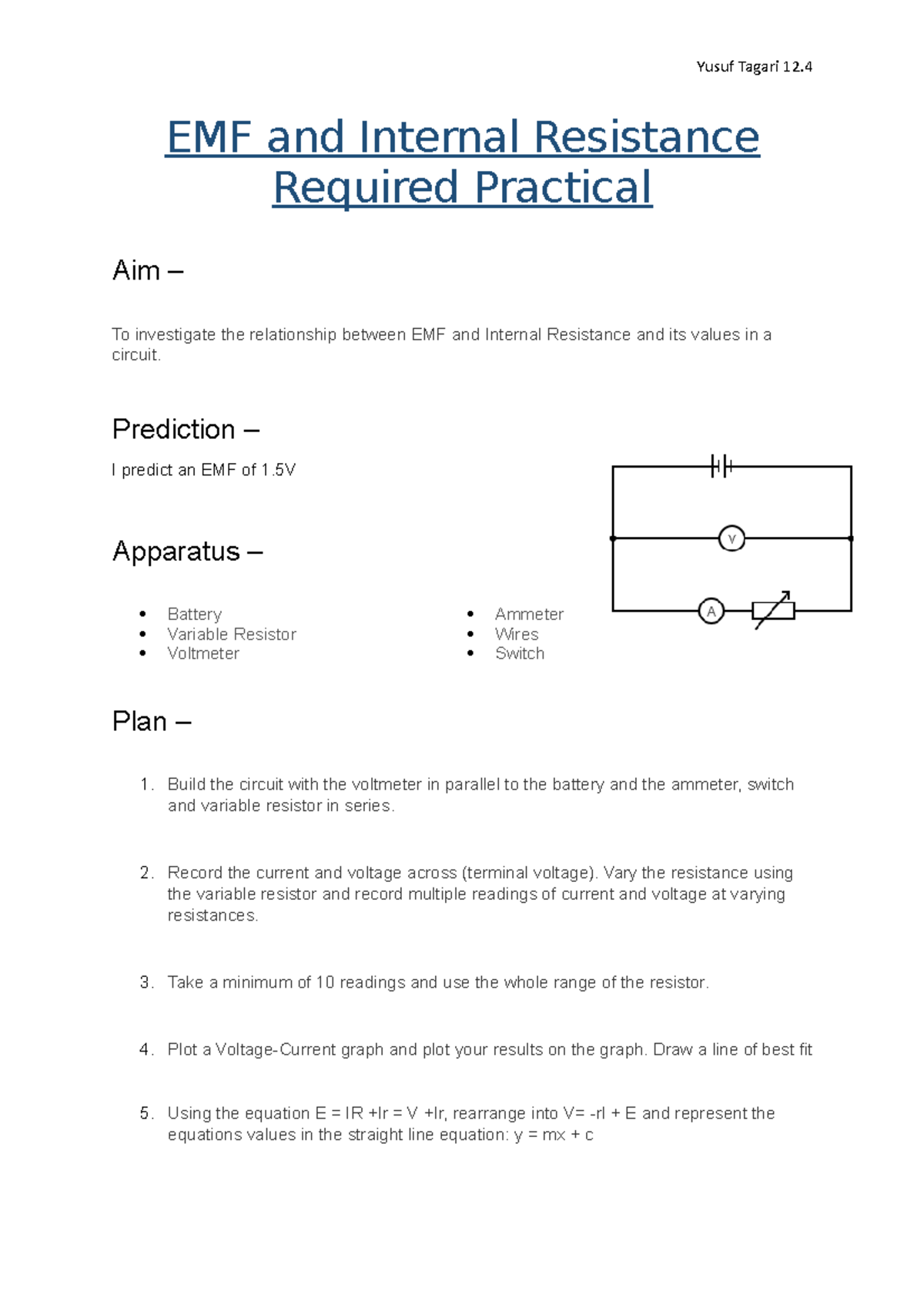 emf and internal resistance experiment precautions