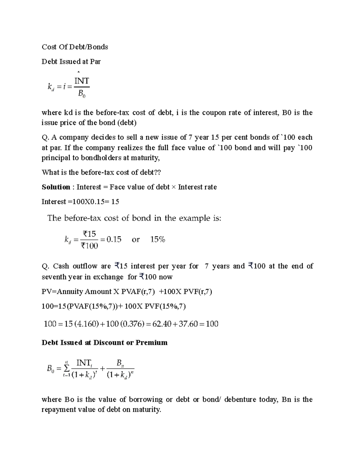 COST OF Capital Notes - Cost Of Debt/Bonds Debt Issued at Par where kd ...