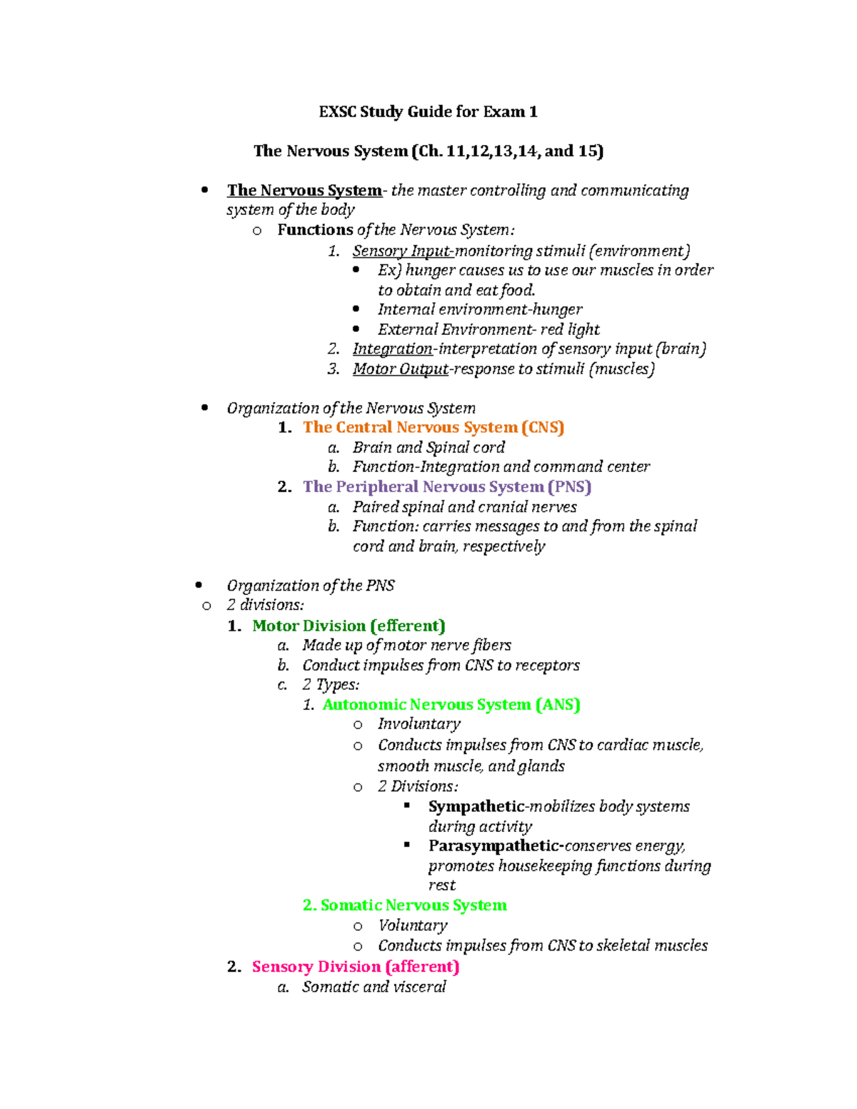 Test 1 Study Guide - Dr. Thompson - EXSC Study Guide for Exam 1 The ...