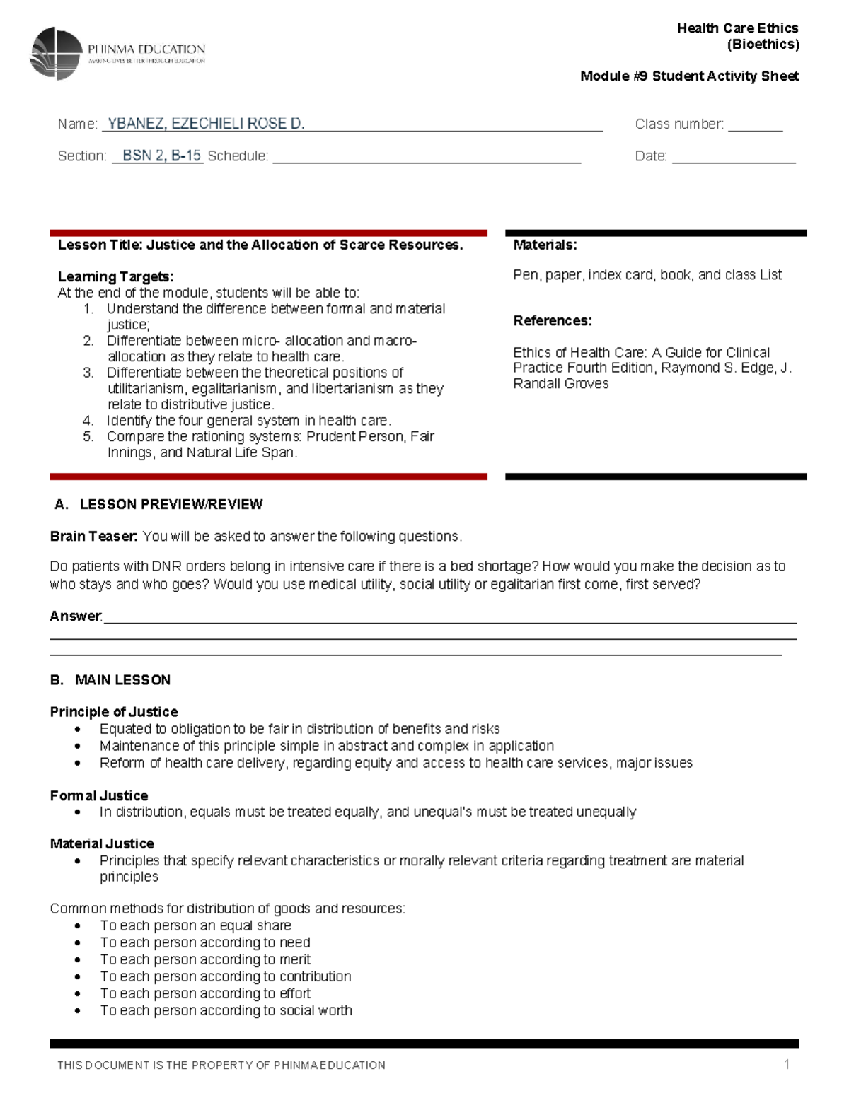 Bioethics Session 9 SAS - (Bioethics) Module #9 Student Activity Sheet ...
