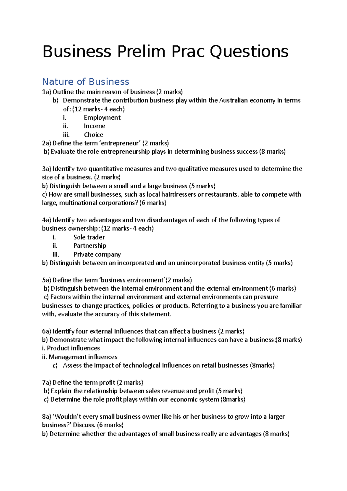 Business Prelim Prac Questions - Business Prelim Prac Questions Nature ...