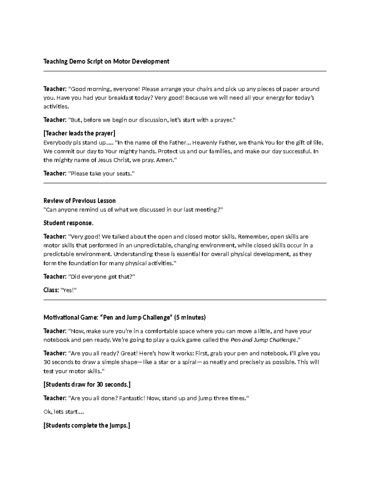 Teaching Demo Script on Motor Development - Have you had your breakfast ...
