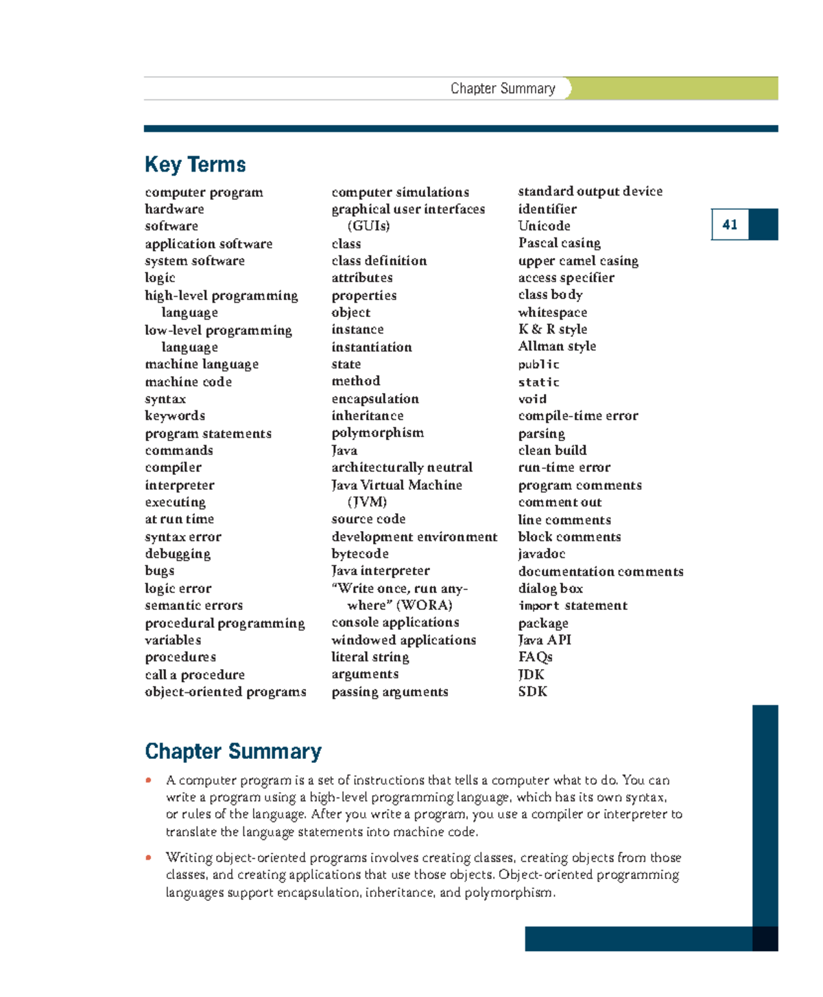 Java Programming By Joyce Farrell Z 41 Chapter Summary Key