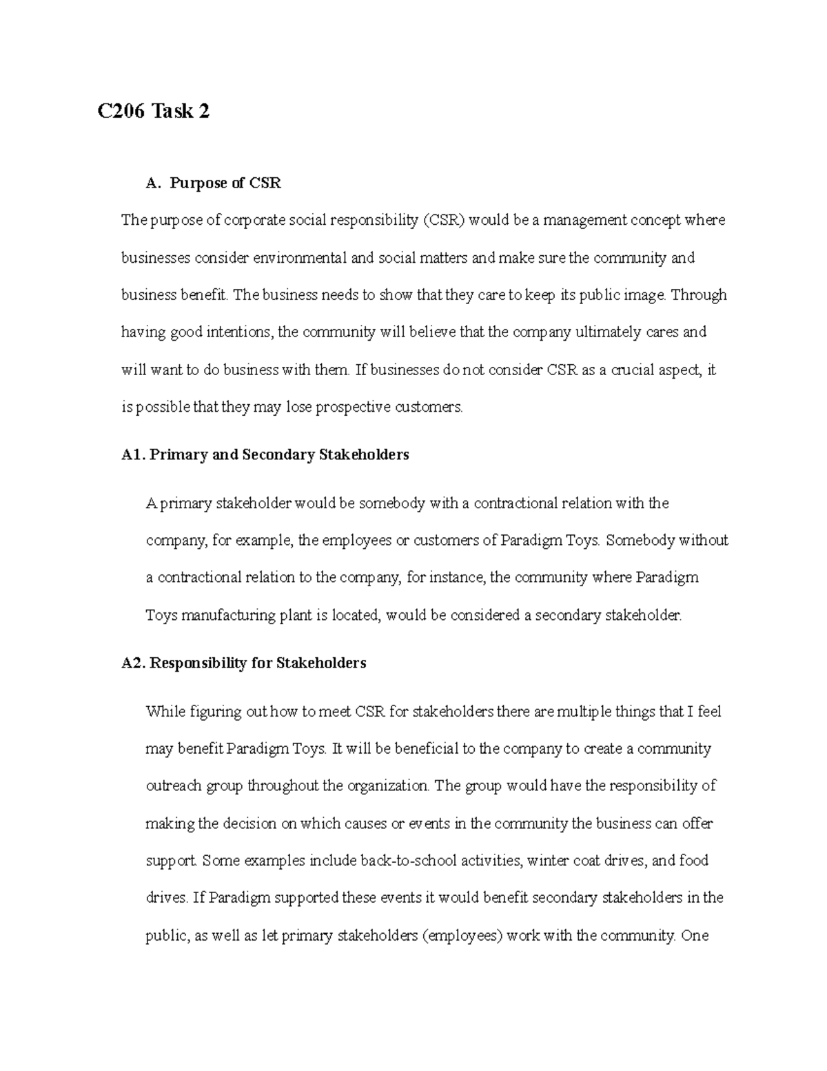 C206 Task 2 - C206 Task 2 - C206 Task 2 A. Purpose of CSR The purpose ...