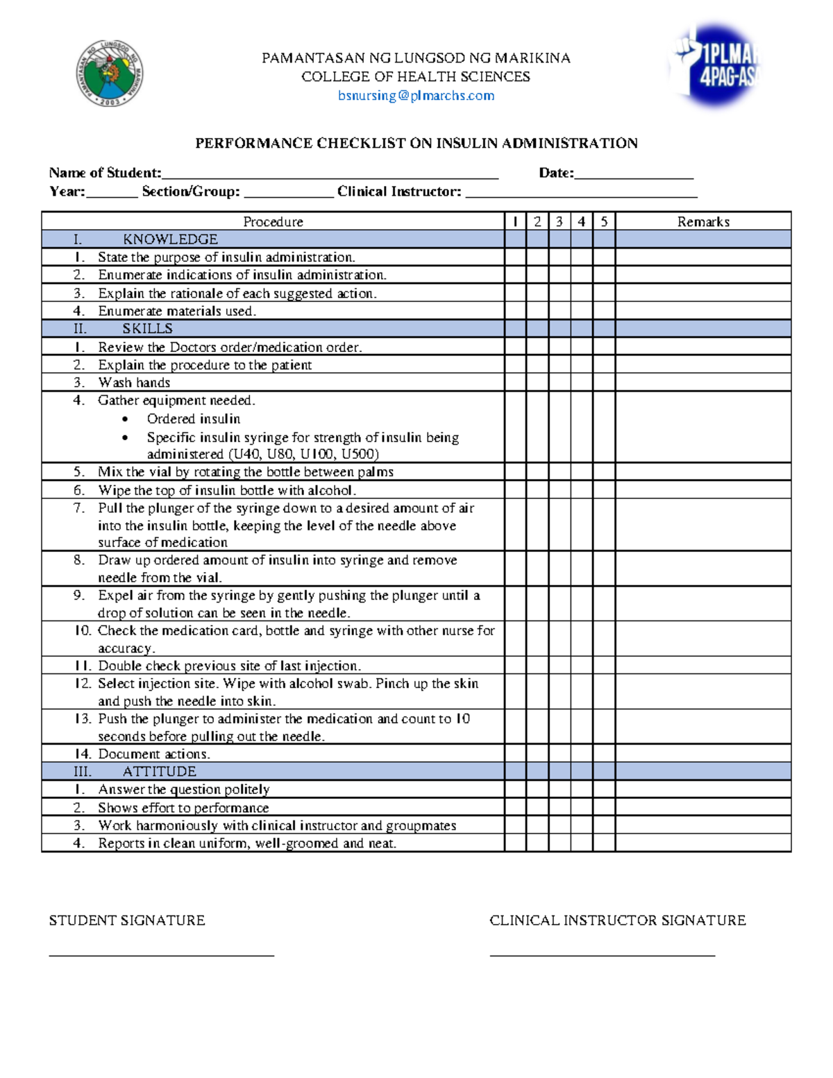 Performance Checklist ON Insulin - PAMANTASAN NG LUNGSOD NG MARIKINA ...