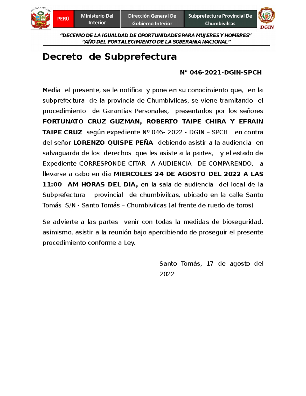 Decreto DE Subprefectura Decreto de Subprefectura N° 0462021DGIN