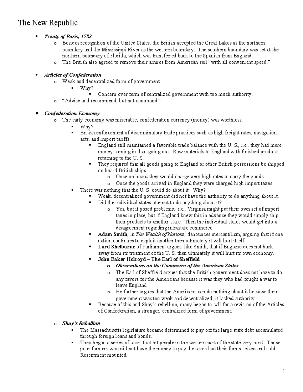 Notes - New Republic - The New Republic Treaty of Paris, 1783 o Besides ...