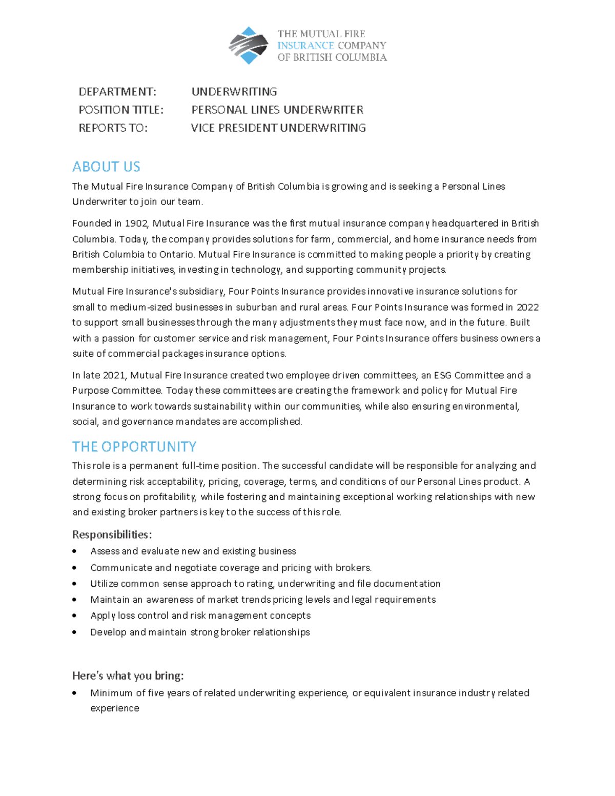 Personal Lines Underwriter 2024 - DEPARTMENT: UNDERWRITING POSITION ...